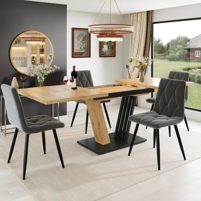 STILVORA Eettafel - Uittrekbaar Met Houtlook En Vleugelpoten - Flexibel Voor Keuken Woonkamer En Balkon - MDF Metaal - 120 160x80x76 Cm Natuurlijk