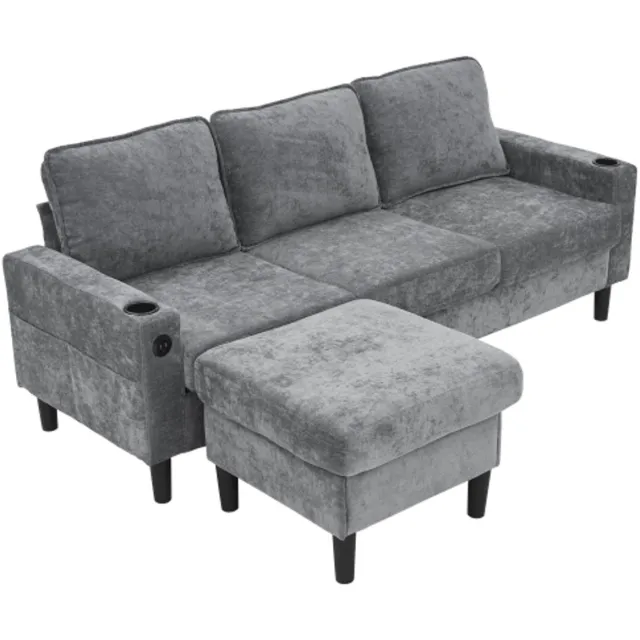 Rolipo Hoekbank- 4-zitsbank met USB en USB-C - 2 bekerhouders en zijvakken – Woonkamer en slaapkamer – 202 x 137 x 80 cm – Grijs linnen