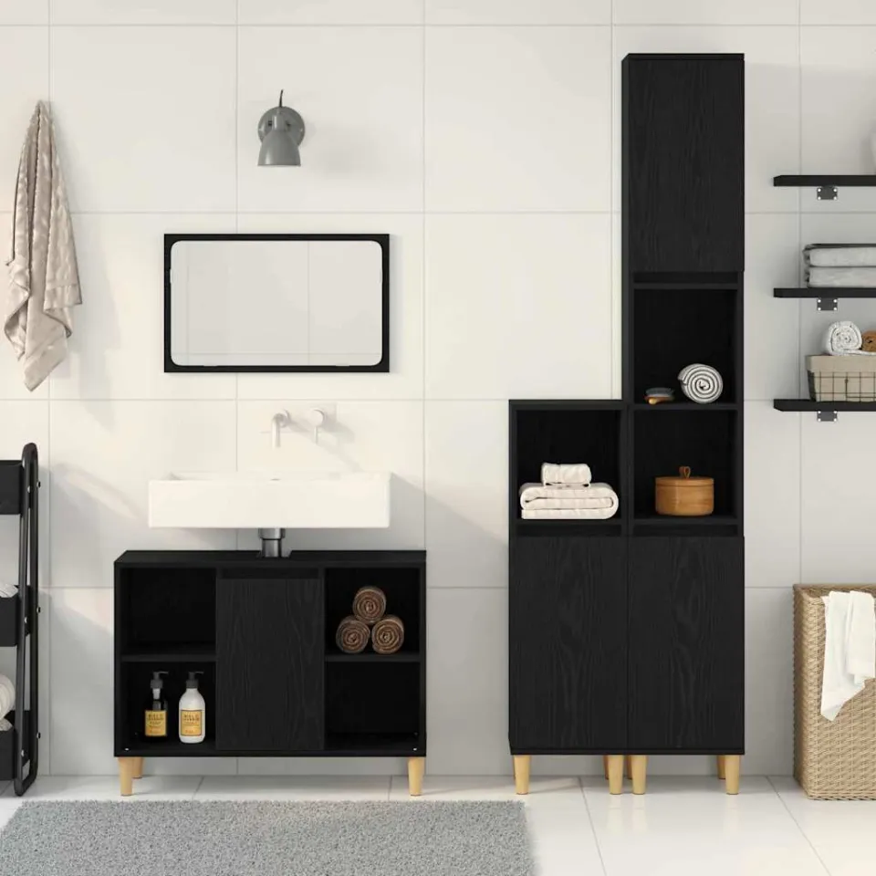vidaXL Badkamermeubelset 3 st Zwart 80 x 33 x 60 cm Bewerkt hout, foto 4