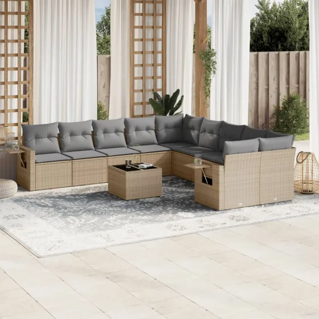 vidaXL 11-delige Tuinset met kussens poly rattan beige, foto 2