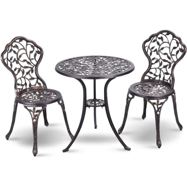Costway 3-Delige tuinmeubelset, bistroset, gegoten bladpatroon antieke buiten tuin tuinmeubilair, weerbestendig tuin ronde tafel en stoelen (Bruin)