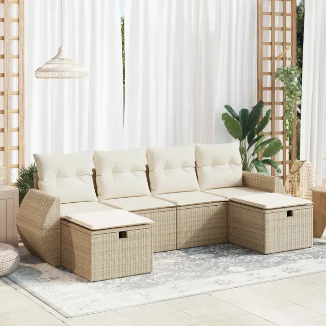vidaXL 6-delige Loungeset met kussens poly rattan beige, foto 2