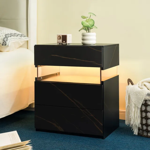 WUVRIE LED-nachtkastje 48x38x61 cm - 3 lades en acryl paneel - Zwart/goud Zwart en goud
