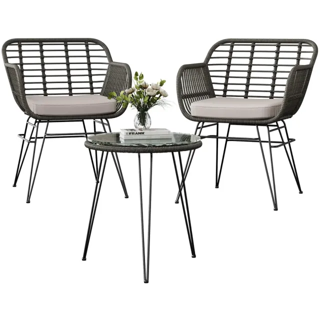 Production of Ideas 3-Delig Rieten Tuinmeubelset - Met Zachte Kussens - Glazen Bijzettafel - Balkon - Voor & Achtertuin Grijs