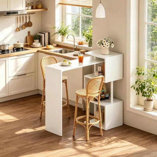 FloraGrace Bartafel - Hoge Tafel Met 3 Opbergplanken - Voor Keuken, Eethoek En Feesthoek - MDF En Metaal - 97,5x38x100 Cm - Wit