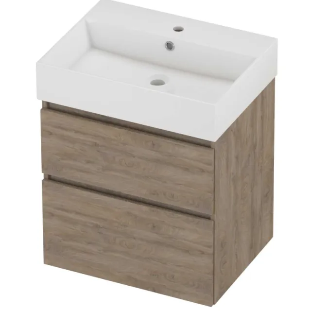 Proline Zara Badmeubelset Porselein Loft 1 Kraangat Asymmetrisch 60x46x73 cm Glans Wit Raw Oak Eiken