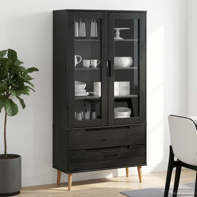 vidaXL Glazen Display Kast MOLDE 90 x 35 x 175 cm Massief grenenhout zwart, foto 2
