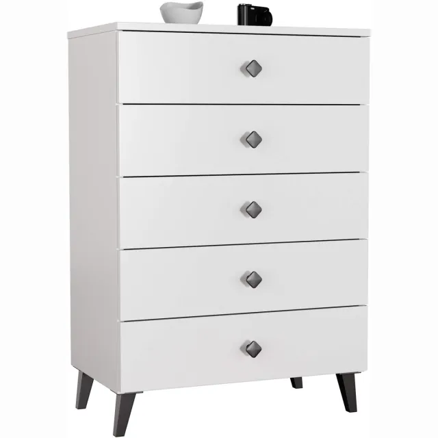 Akord Nachtkastje MOBI met 5 Lades / AKORD Furniture Factory / Wit met Zwarte Handgrepen / 60 x 89 x 37 cm