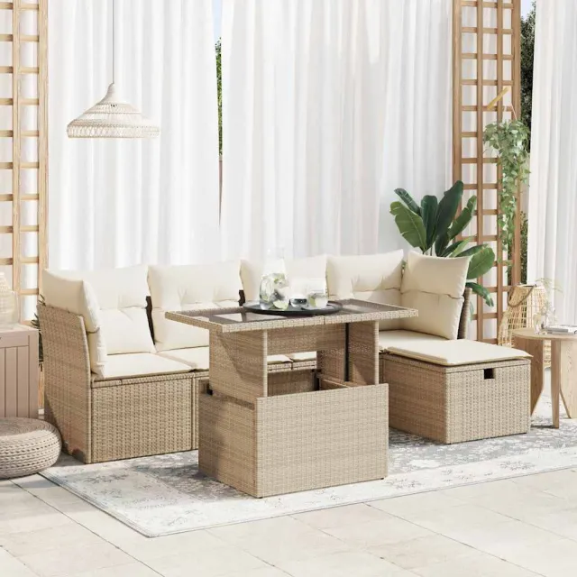 vidaXL 6-delige Loungeset met kussens poly rattan beige, foto 2