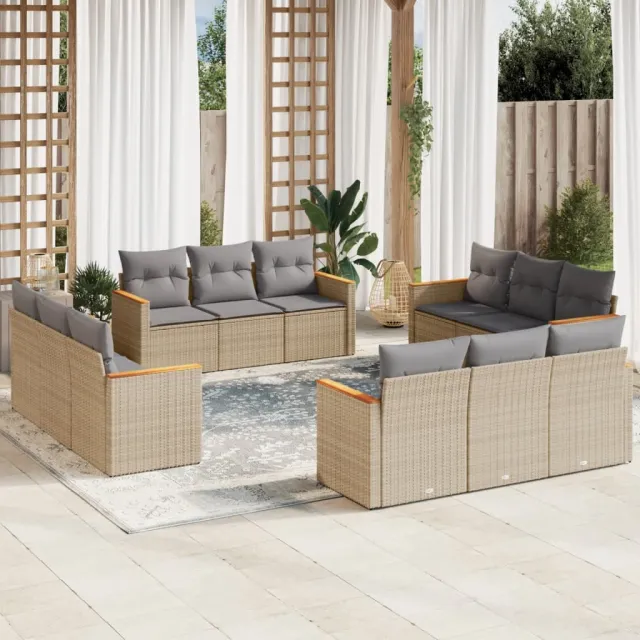 vidaXL 12-delige Loungeset met kussens poly rattan gemengd beige, foto 2