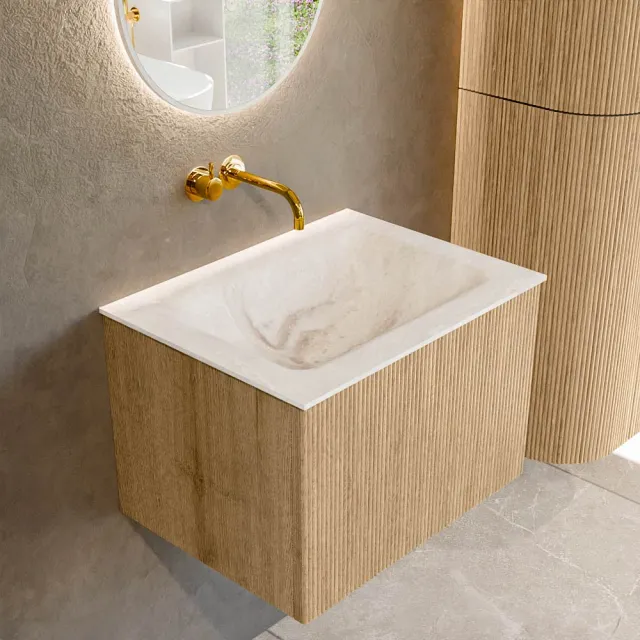 Mondiaz KURVE-DLUX 60 cm Onderkast Greeploos 1 Lade Zonder Deuren Oak, Wastafel Solid Surface Midden Frappe 0 Kraangaten Zonder Spiegel (KRVCLO601L0D0KM-Oak/Fra)