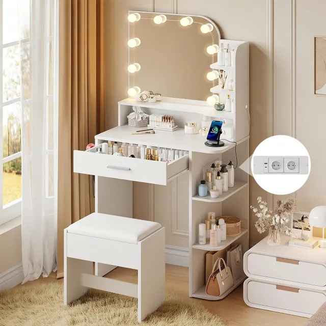 Mihtrov Make Up Tafel - Kaptafel met Spiegel en 10 LED Lampen - Met Stopcontacten & USB-poorten - 3 Lichtkleuren - 1 Laden en 6 Planken - 138x68x36 cm - Wit