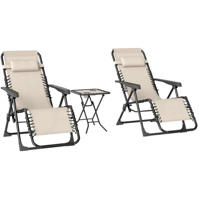Outsunny loungeset 2 ligstoelen met tafel verstelbaar - Tuinligbedden set - Zonneligstoel - Beige