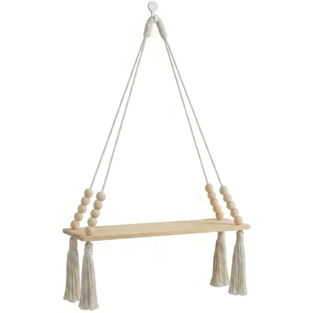 NUVEX Beige houten wand plank hangend met witte koorden en kralen wanddecoratie plank met kwasten drijvende plank voor woonkamer slaapkamer badkamer boho stijl