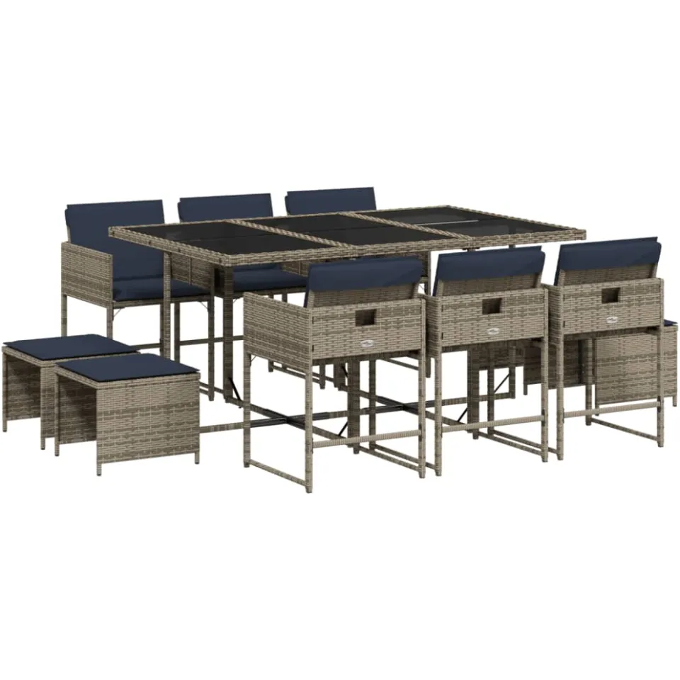vidaXL 11-delige tuinset met kussens, grijs polyrotan