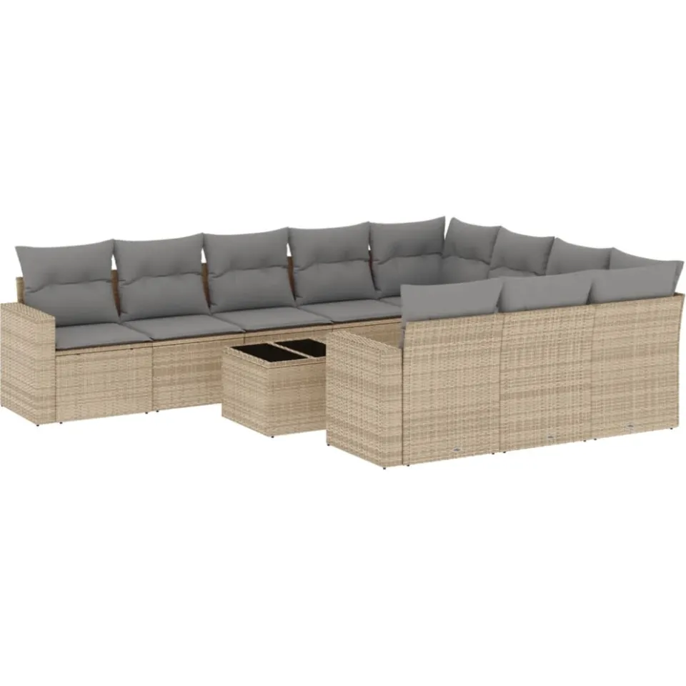 vidaXL 11-delige Tuinset met kussens poly rattan beige