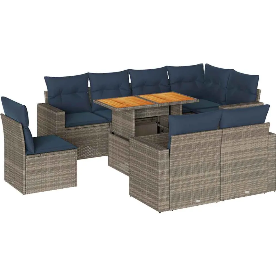 vidaXL 9-delige Loungeset met kussens poly rattan grijs, foto 3