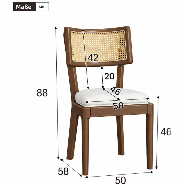 OKWISH Eetkamerstoel 50 x 58 x 88 cm - Set van 4 met Rotan Rugleuning - Voor Eetkamer en Woonkamer - Hout en Linnen - Walnootkleur en Beige Walnootbruin en beige