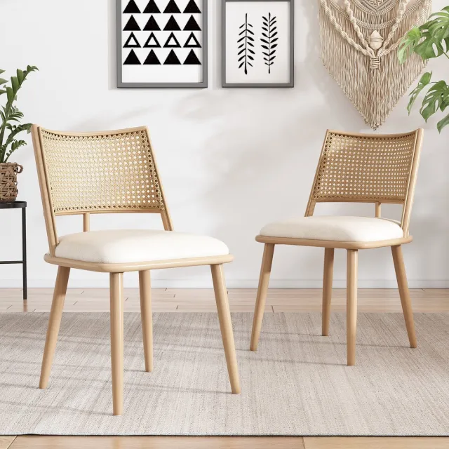 Wishdor 2 eetkamerstoelen - Beige - PU-zitting en rotan rugleuning - Houtlook 4-poots zonder armleuningen - Voor eetkamer woonkamer slaapkamer - 80 x 50 x 48 cm