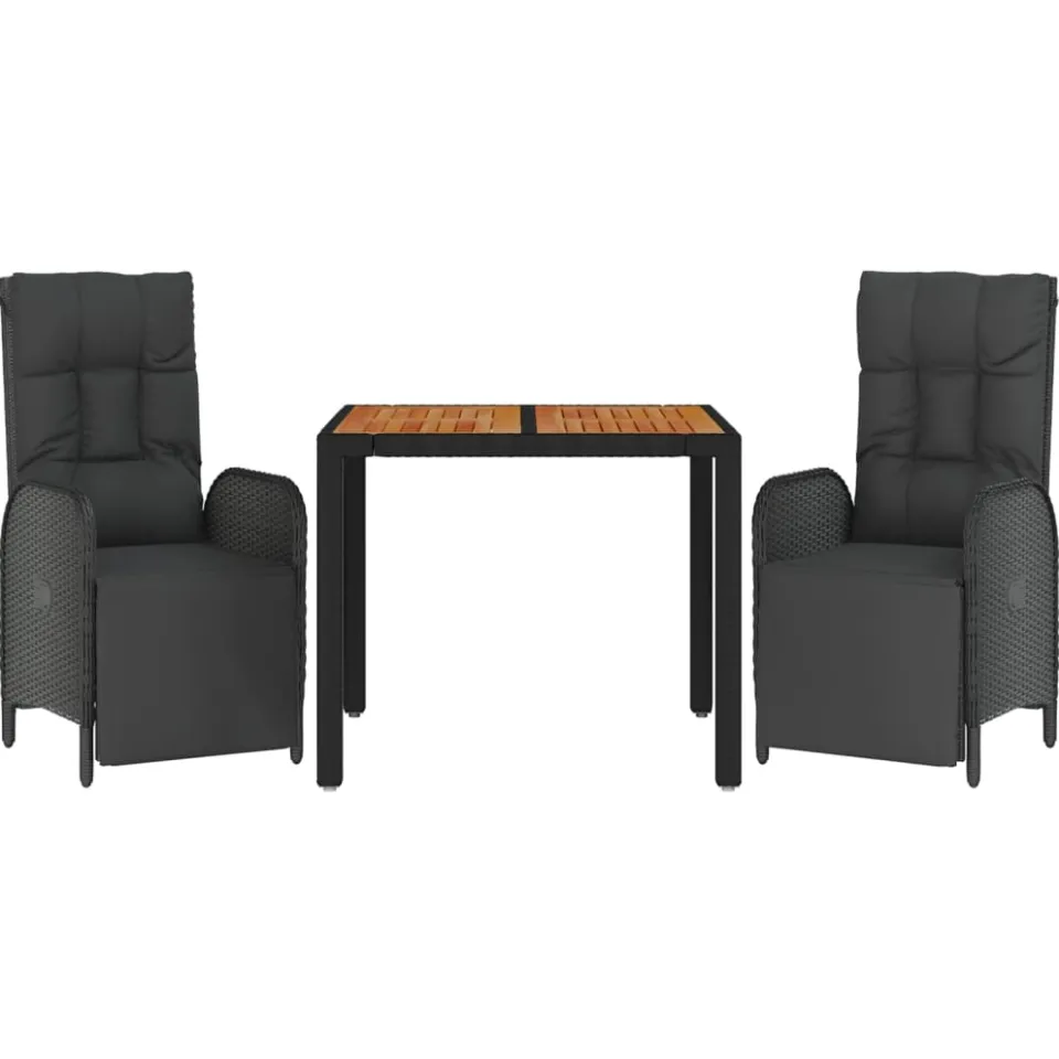 vidaXL 3-delige Tuinset met kussens poly rattan zwart