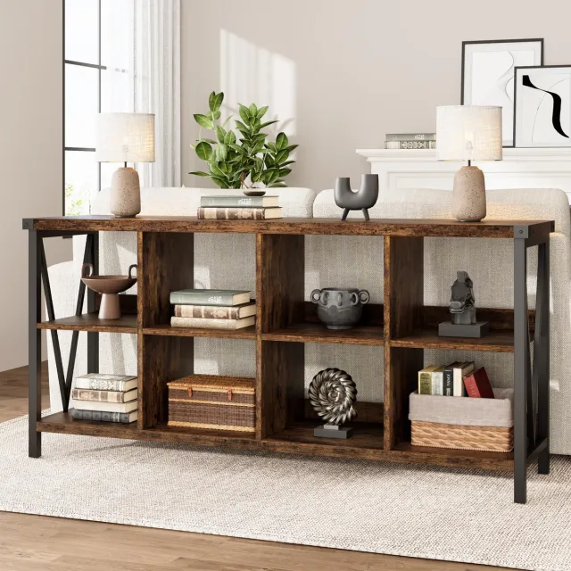 Danky Console Tafel met 8 Open Vakken - Industrieel V-Vormig Metalen Frame - Sidetable voor Hal & Woonkamer Rustiek bruin