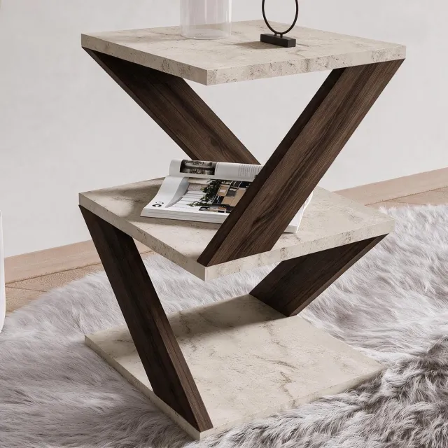 Bliss Skye Decor, Bijzettafel, Albeni - Travertine, Walnut, Gemelamineerde spaanplaat, Travertin & Walnoot, 29,6 x 29,6 x 54,2 cm Travertijn