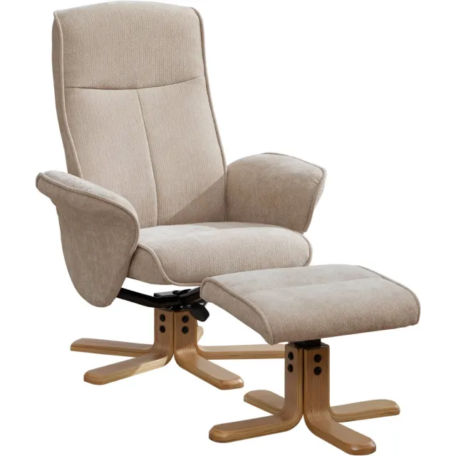 Merax Draaibare Relaxfauteuil met Voetenbank - Verstelbare Rugleuning 145° - Zachte Chenillestof - Massief Houten Voet met Metalen Steun - 360° Draaibaar - Licht Taupe