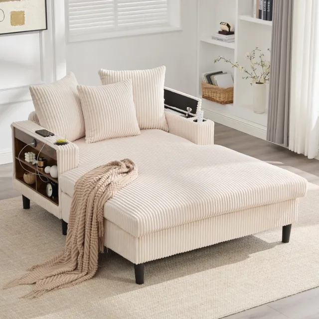 HAUSS SPOLE Chaise Longue - Loungesofa Met Led, Usb, Opbergruimte En Bekerhouders - Voor Woonkamer En Balkon - Cordfluweel Beige
