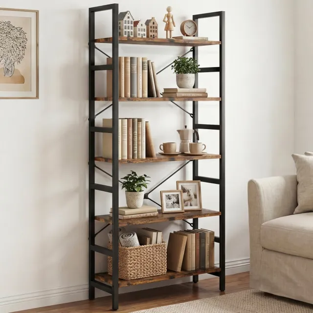 Hokeeper Boekenkast met 5 Planken - Open Kast - Opbergrek van Hout en Staal - Industrieel Staand Rek voor Woonkamer - Slaapkamer - Kantoor en Keuken - 60 x 34 x 158 cm - Zwart Bruin