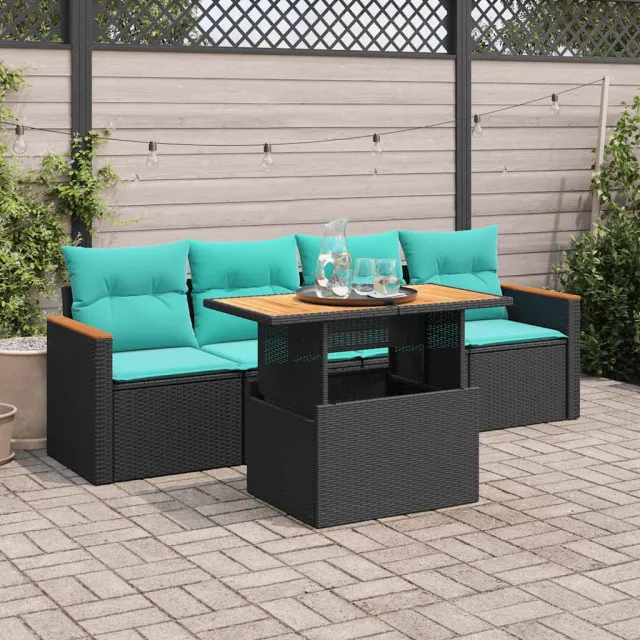 vidaXL 5-delige Loungeset met kussens poly rattan zwart, foto 2