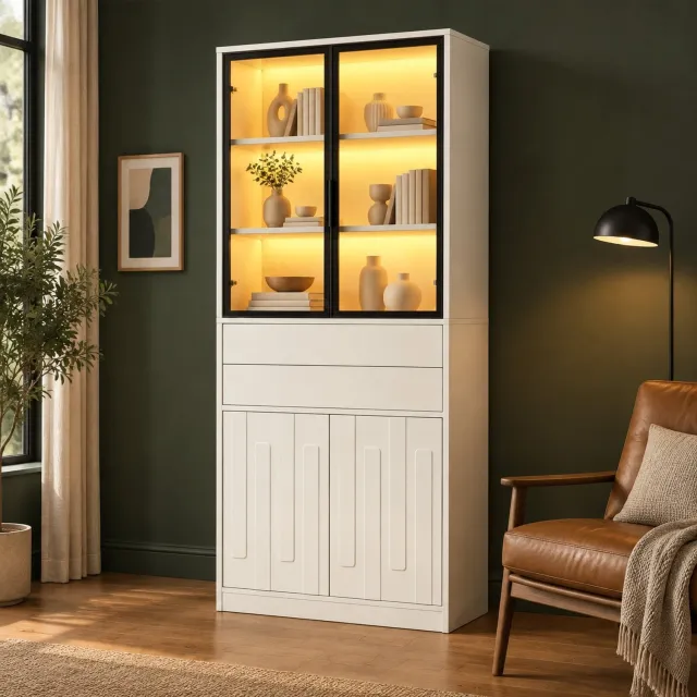 HAUSS SPOLE Vitrinekast - Glazen Deuren Met Ledverlichting En 2 Lades - Voor Woonkamer En Eetkamer - Spaanplaat En Glas - Wit - 70x34x180 Cm