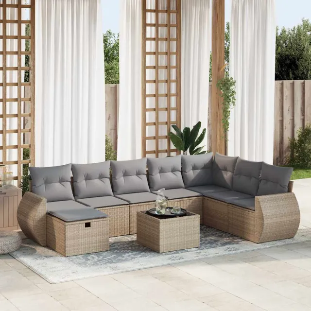 vidaXL 9-delige Loungeset met kussens poly rattan beige, foto 2