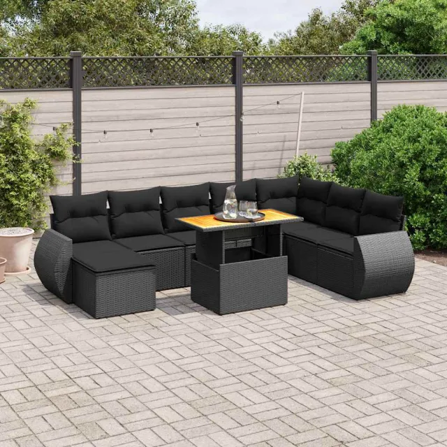 vidaXL 9-delige Loungeset met kussens poly rattan zwart, foto 2