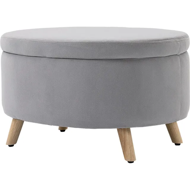 GranMaison Poef Met opbergruimte - Voetenbankje - Hocker op pootjes - Ovale Vorm - Moderne Kruk - Hout - Lichtgrijs - 71 x 51,5 x 42 cm