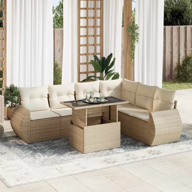 vidaXL 7-delige Loungeset met kussens poly rattan beige, foto 2