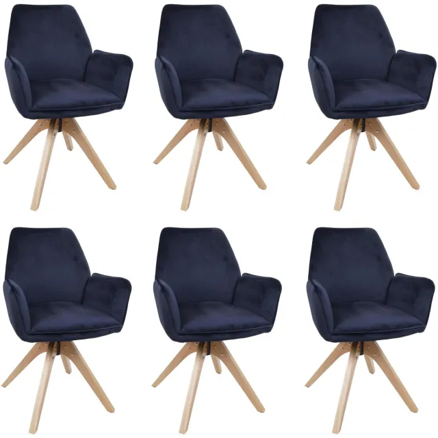 MCW Set van 6 eetkamerstoelen MCW-G67, eettafelstoel/keukentoel met armleuningen, draaibaar, hout, fluweel 320 g/m², MVG ~ antracietblauw