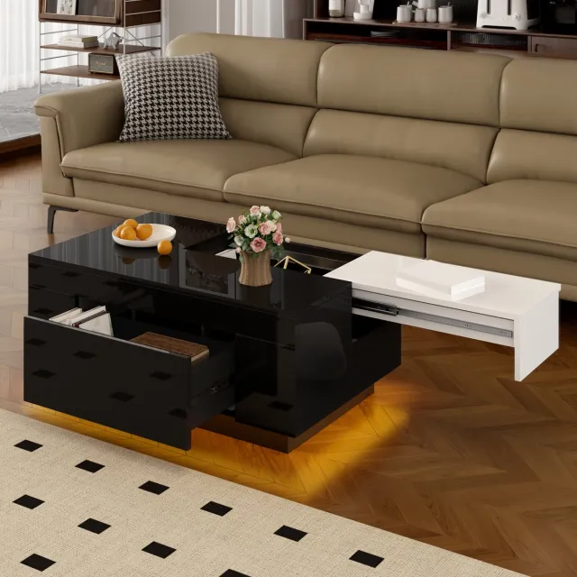 DESMIU Salontafel Met Verlichting En Uitschuifbaar Blad Voor Woonkamer En Kleine Ruimtes Van MDF In Zwart Wit 80x50x35,5 Cm
