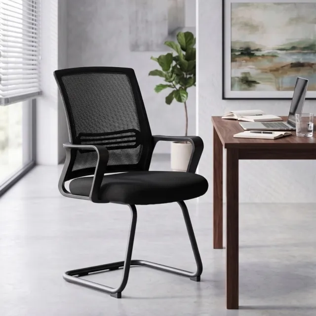 DESMIU Vergaderstoel 58,5 x 57,5 x 93 cm - Set van 2 met Ergonomische Rugleuning - Voor Vergaderruimte en Ontvangst - Metaal en Netstof - Zwart