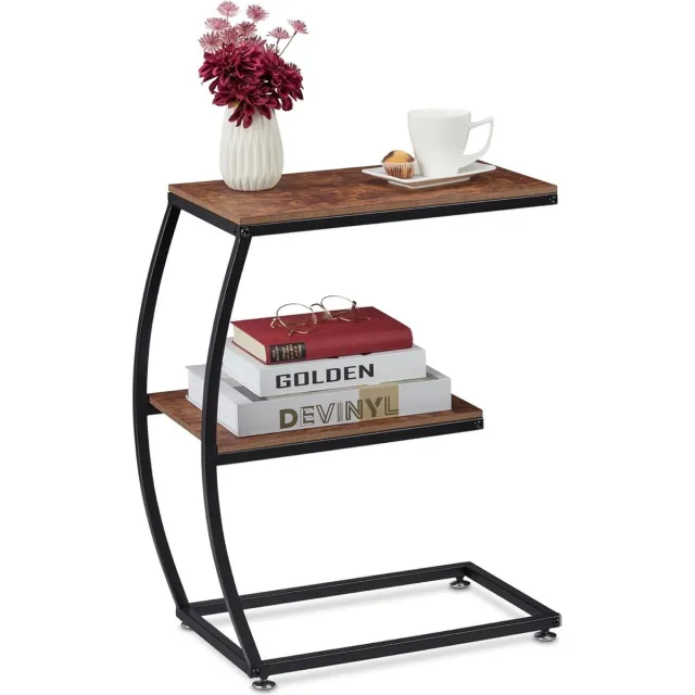 meerklose Bijzettafel, 2 planken, C-vorm, industrieel design, banktafel metaal & houtlook, HBT: 57,5x47,5x25 cm, bruin Bruin, zwart