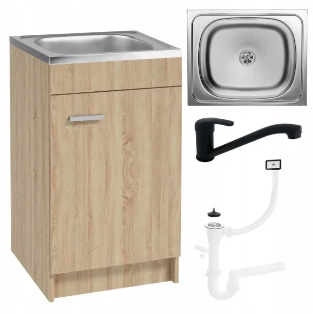 STAMAR Keukenonderkast 50 cm met 1-baks RVS spoelbak, zwarte keukenkraan en sifon - sonoma eiken Eiken sonoma