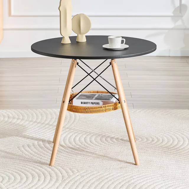 FloraGrace Ronde Eettafel - Compact Met Opbergmand - Voor 2 Tot 4 Personen In Woonkamer Of Balkon - Hout En Zwart - 80 Cm