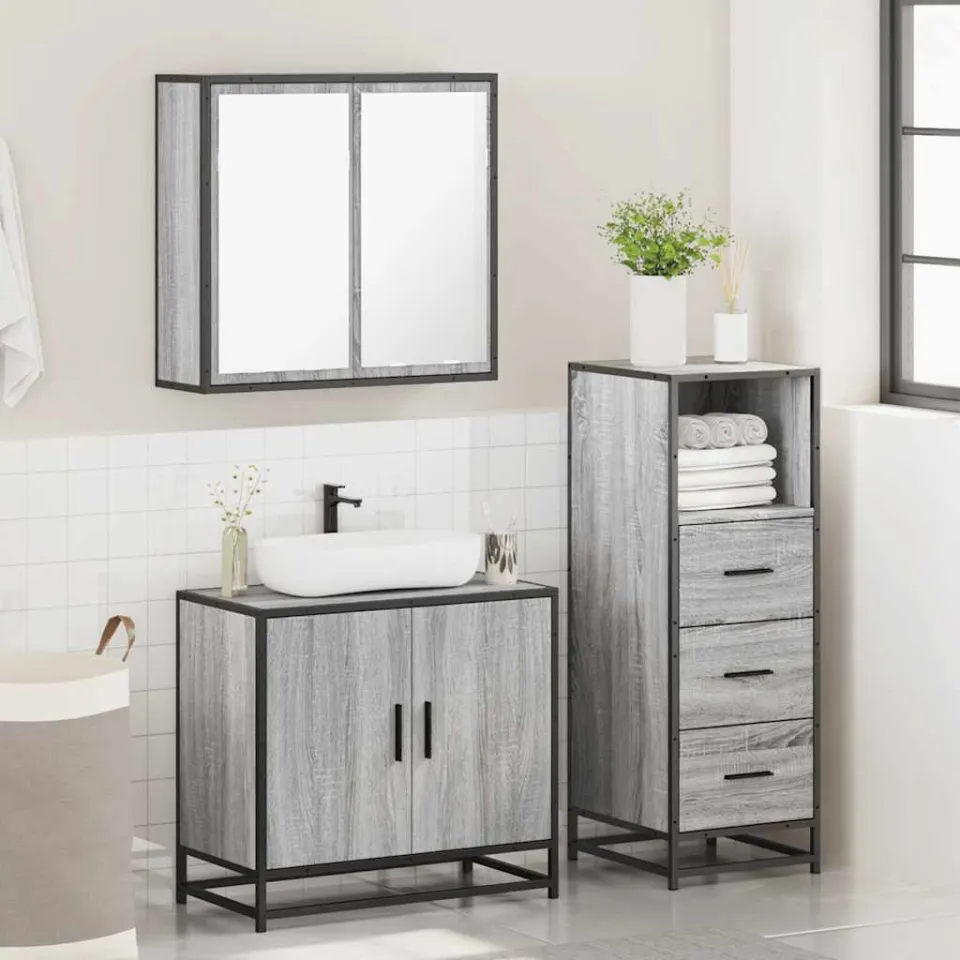 vidaXL 3-delige Badkamermeubelset bewerkt hout grijs sonoma eikenkleur, foto 4