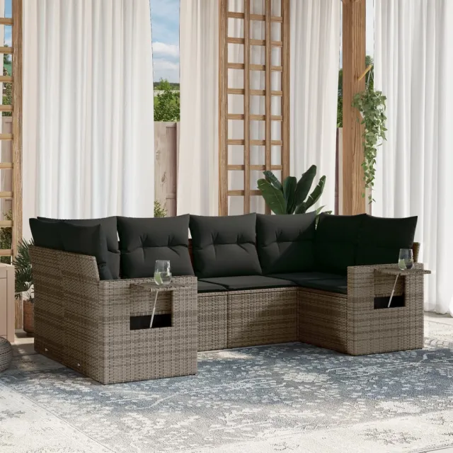 vidaXL 6-delige Loungeset met kussens poly rattan grijs, foto 2