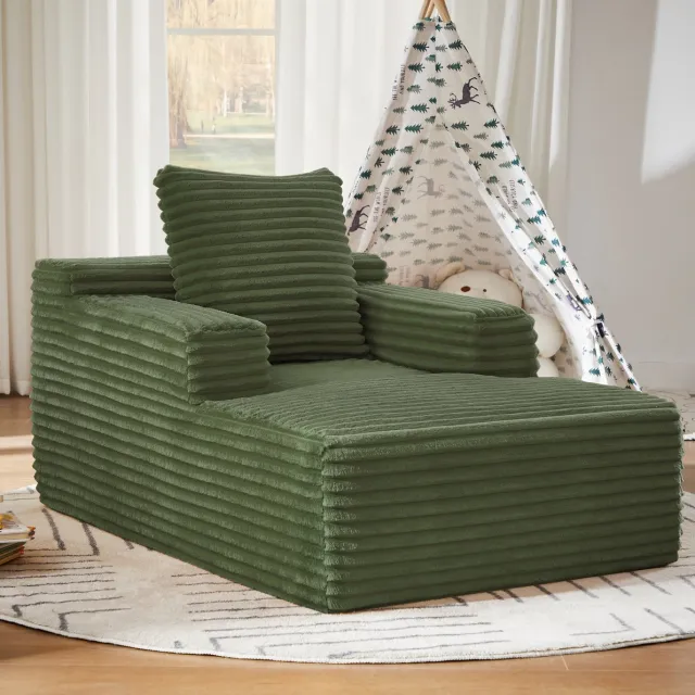 MEUNIQ Chaise longue 1-zits 117 x 81 x 50 cm in ribstof, met armleuningen, zonder montage, voor woonkamer, bureau of appartement, groen Green