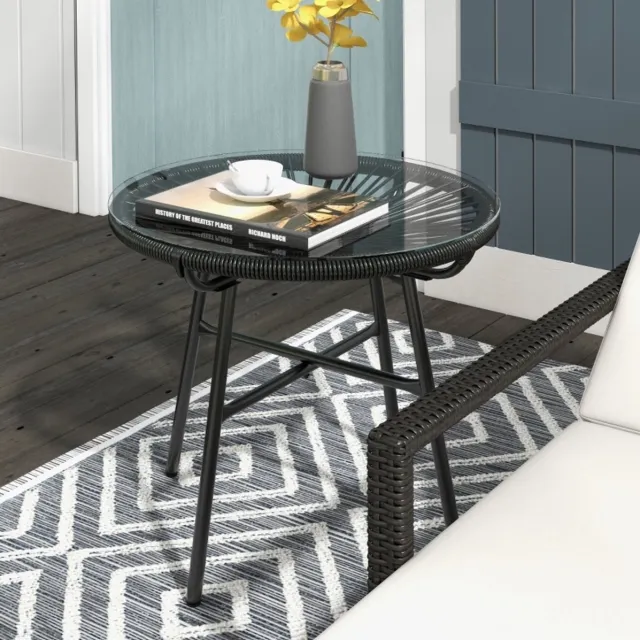 MEUNIQ ronde tuintafel 50 x 50 x 50 cm bijzettafel voor balkon en tuin met 5 mm gehard glazen tafelblad, metalen frame en PE-rattan rand in Boho-stijl zwart