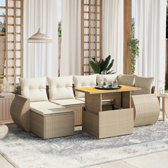 vidaXL 7-delige Loungeset met kussens poly rattan beige, foto 2