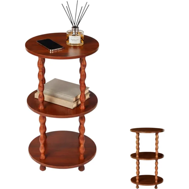 Danky Ronde bijzettafel met 3 niveaus – Met opbergplank – Compact en ruimtebesparend – MDF-blad en houten poten – Geschikt voor woon- of slaapkamer – Bruin, 30 x 30 x 60 cm