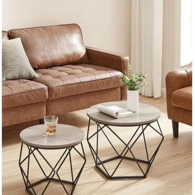 Vasagle Parya Home Bijzettafel, set van 2, salontafels, banktafel met mandfunctie, gedekte tafel, geometrisch, stalen frame, voor woonkamer, slaapkamer, grijs-zwart
