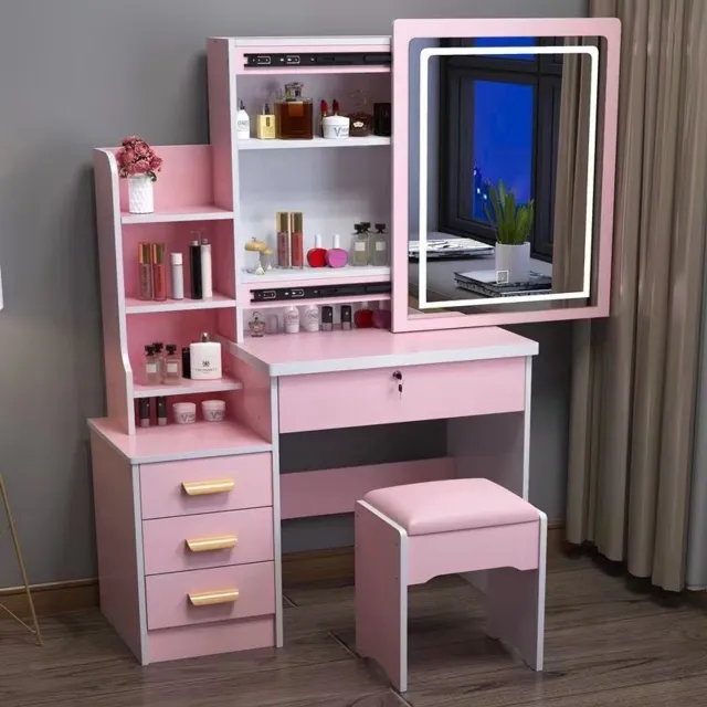 learnlogic Kaptafel en make-upmeubelset bestaande uit een stoel een high-definition spiegel een spiegel met verlichting en een kaptafel met lades Gemaakt van bewerkt hout geschikt voor thuisgebruik of in een make-upstudio roze Afmetingen 80*36*125 cm