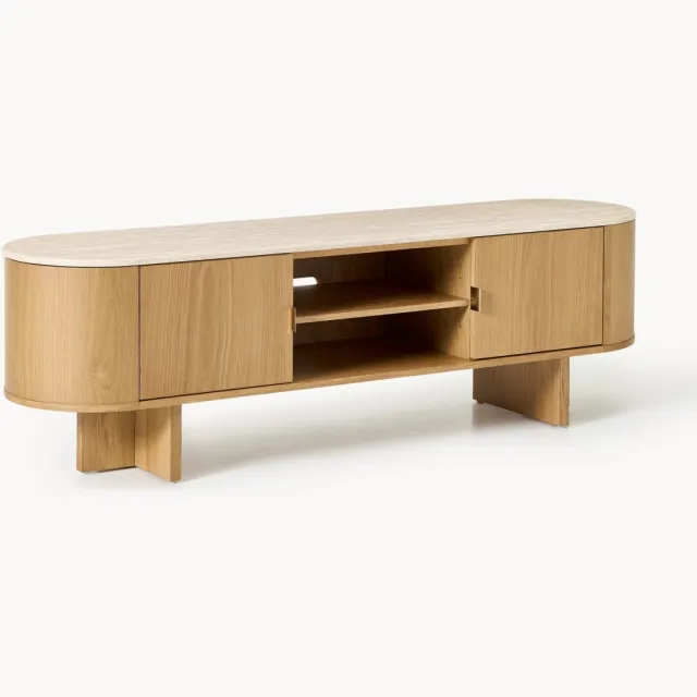 Westwing Collection Houten tv-meubel Zumi met afgeronde hoeken en travertijnen blad Beige